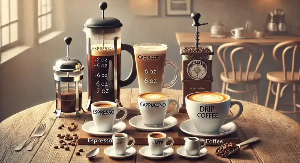Various coffee types and sizes (espresso, cappuccino, drip coffee) illustrating "How Many Cups of Coffee in a Gallon" and factors affecting serving sizes.