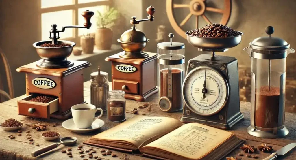 Vintage coffee grinders, scales, and recipe book showcasing "How Many Cups of Coffee in a Gallon" and historical coffee measurement methods.