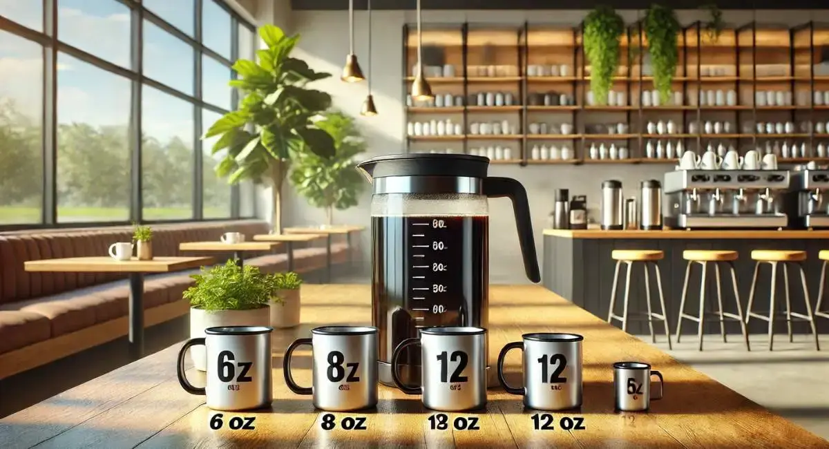 Coffee pot with mugs showing measurements, explaining "How Many Cups of Coffee in a Gallon.