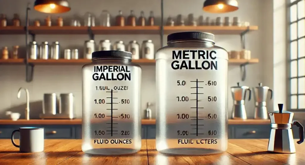 mperial vs. Metric Gallons comparison showing measurements, explaining "How Many Cups of Coffee in a Gallon.