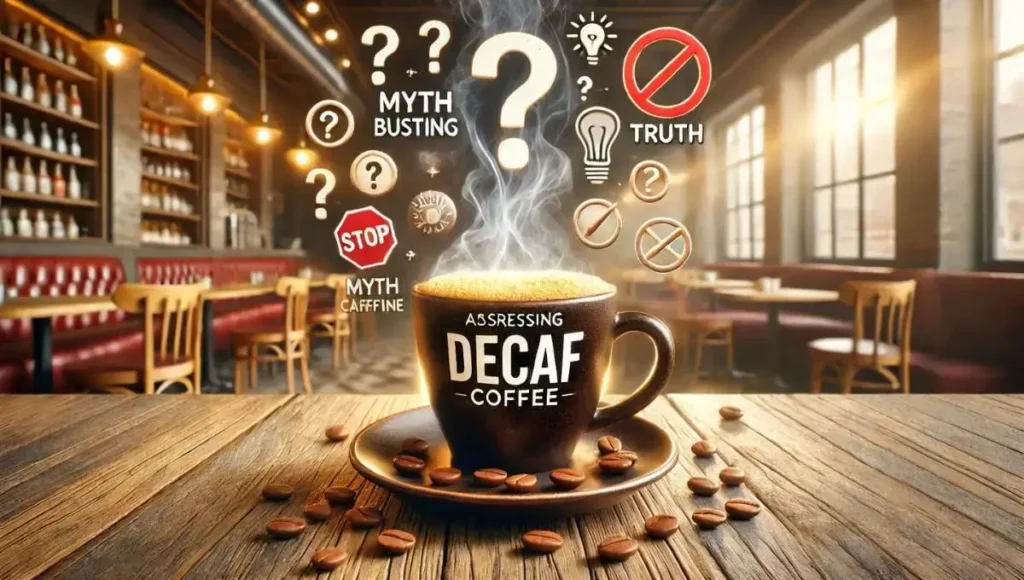 A steaming cup of decaf coffee with myth-busting icons, addressing common misconceptions about why do people drink decaf coffee.
