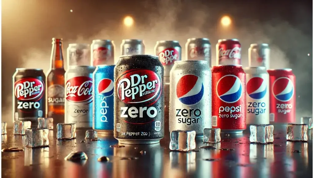 Does Dr Pepper Zero Contain Caffeine - A realistic image of soda alternatives like Diet Coke, Pepsi Zero Sugar, and Dr Pepper Zero