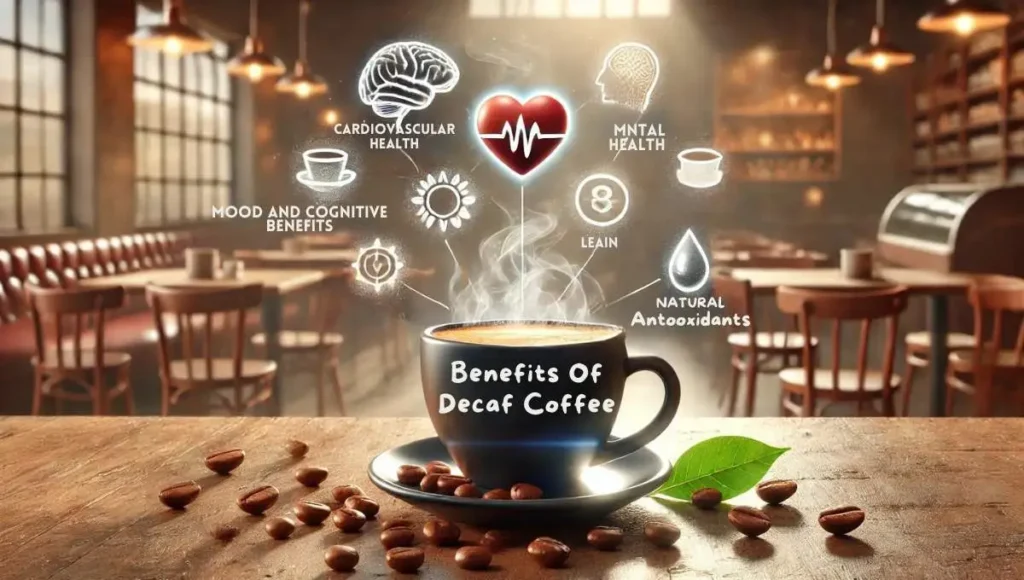 A warm cup of decaf coffee with health icons representing its benefits, explaining why do people drink decaf coffee for wellness.
