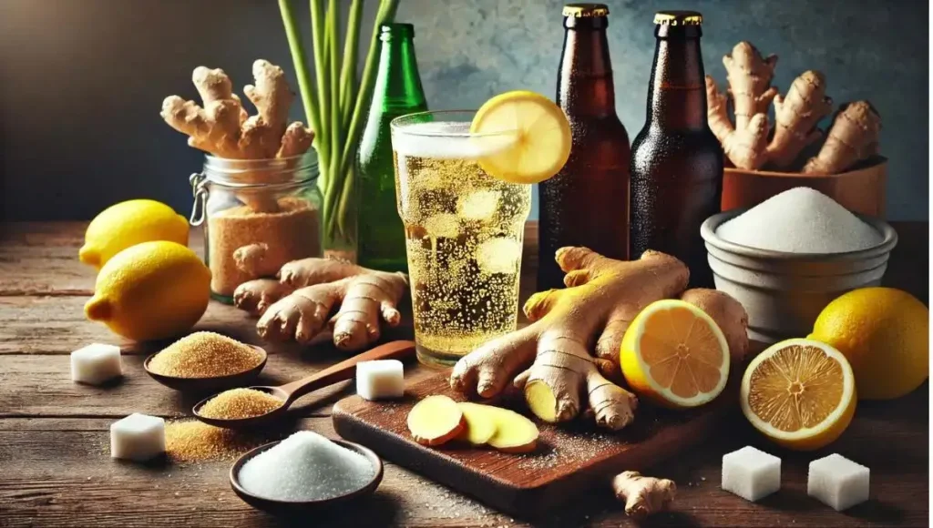 Ingredients like ginger, sugar, and lemon in ginger beer, discussing if ginger beer has caffeine."