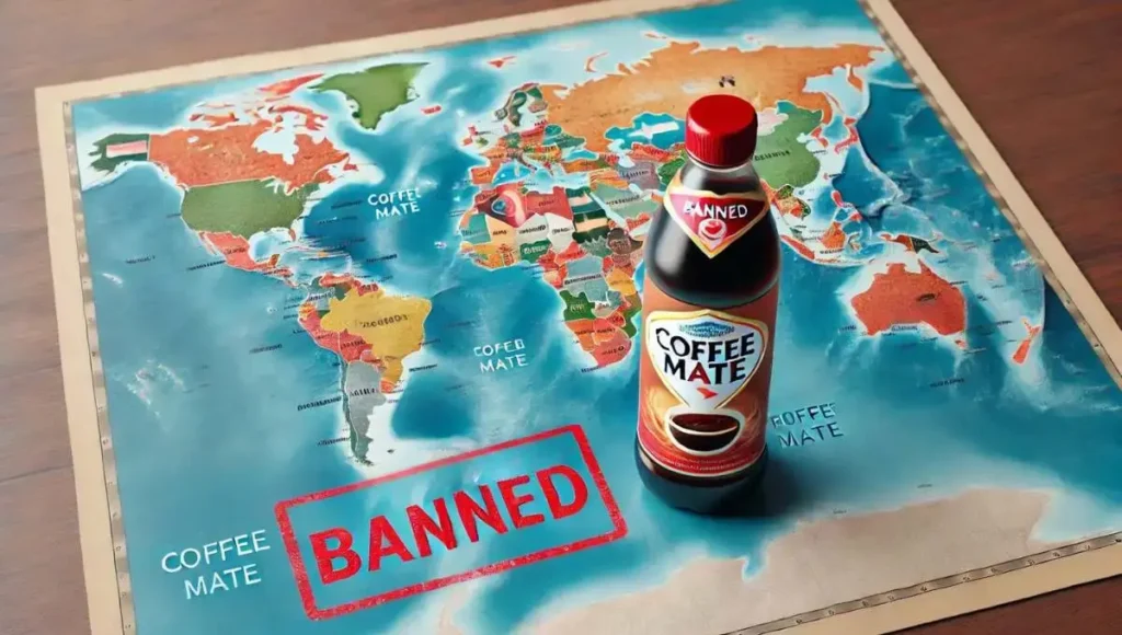 World map highlighting countries where Coffee Mate is banned, with the product in the foreground