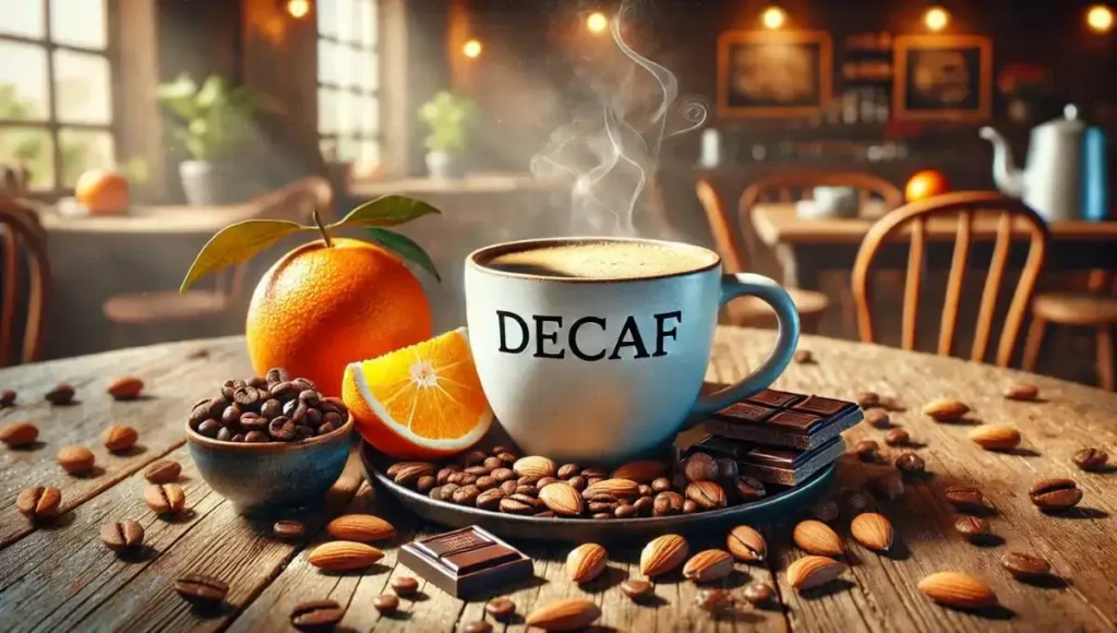 A cup of decaf coffee surrounded by healthy ingredients, symbolizing why do people drink decaf coffee for its health advantages.
