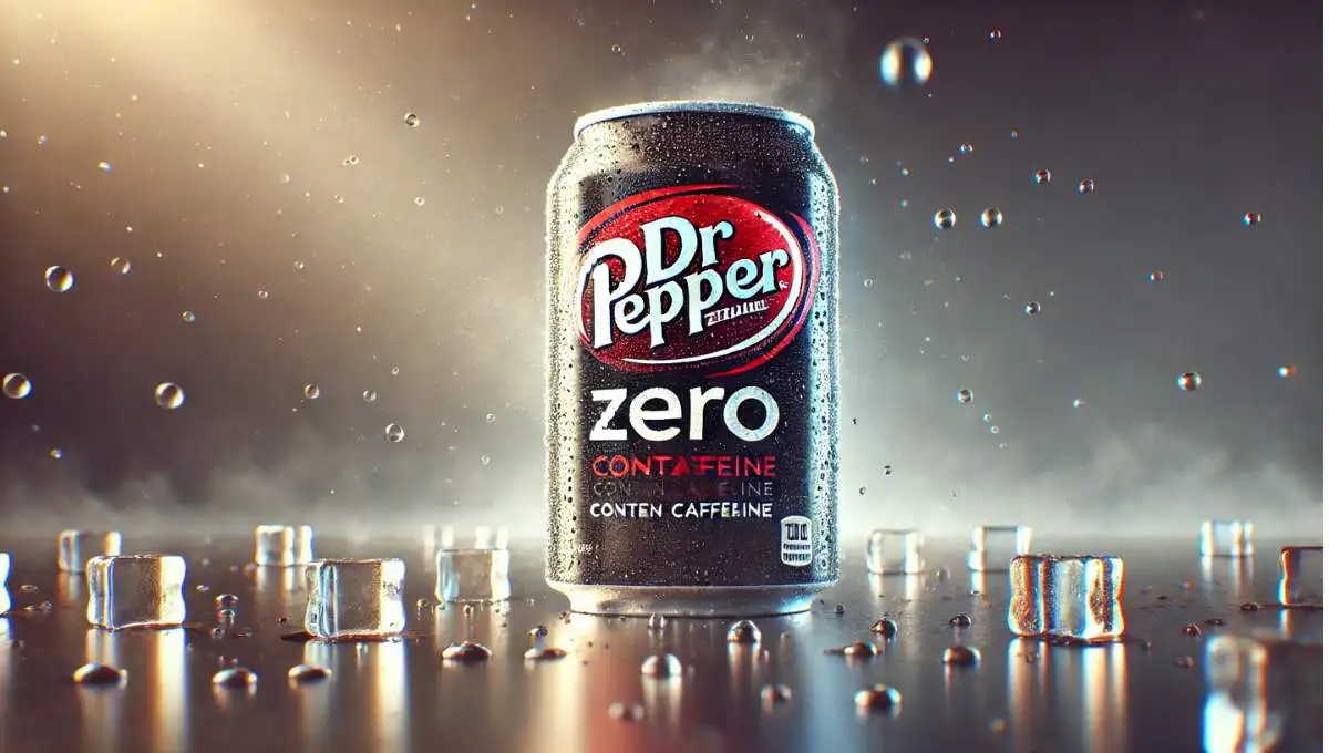 Does Dr Pepper Zero Contain Caffeine - A realistic image of Dr Pepper Zero can with condensation and ice cubes.