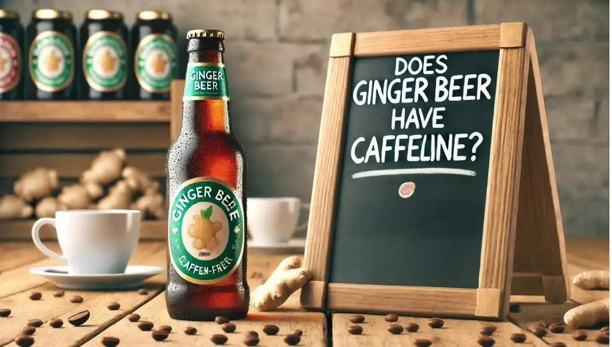 A ginger beer bottle with a chalkboard asking, 'Does Ginger Beer Have Caffeine?' for an informative look at its content