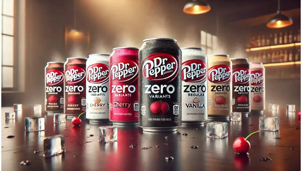 Does Dr Pepper Zero Contain Caffeine - A realistic image of Dr Pepper Zero variants with condensation, ice cubes, and mist.