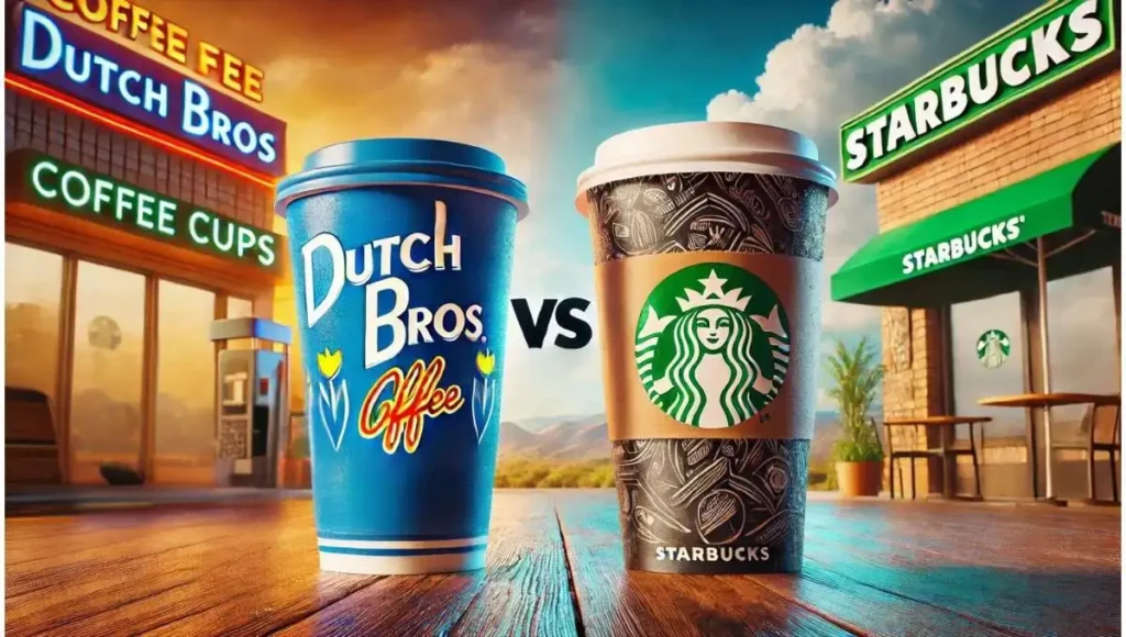 Dutch Bros vs. Starbucks coffee cups side by side, showcasing their unique branding and store ambiance. Find out how they compare in size.

