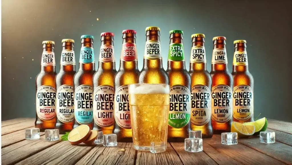 An assortment of ginger beer variants, showing regular, light, and lemon flavors, all caffeine-free.