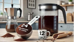 24 tablespoons of coffee beside a coffee maker, demonstrating how many tablespoons of coffee for 12 cups