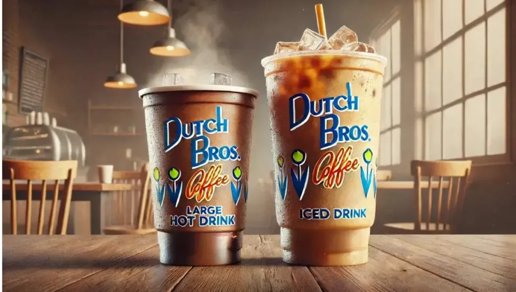 A large hot and large iced drink from Dutch Bros, placed in a warm café setting. Explore what are the sizes at Dutch Bros for every drink.