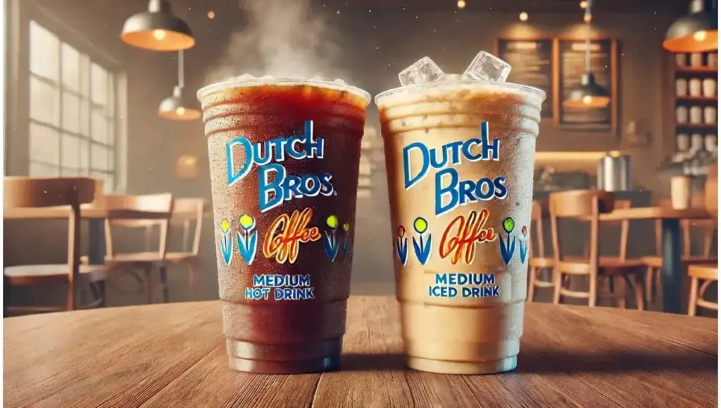 Dutch Bros medium hot and iced drinks sitting on a wooden counter. Wondering what are the sizes at Dutch Bros? Check out this medium option.
