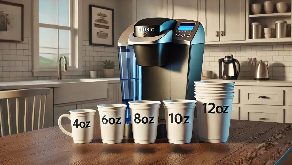 Various cup sizes labeled from 4oz to 12oz next to a Keurig, showcasing the cup sizes on a Keurig coffee maker