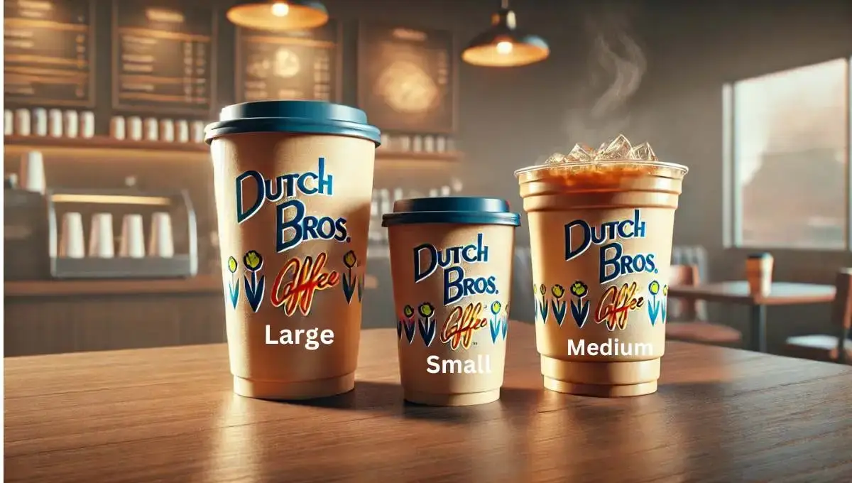 Dutch Bros coffee cups in small, medium, and large sizes, labeled for clarity. Curious about what are the sizes at Dutch Bros? Here’s a visual guide.