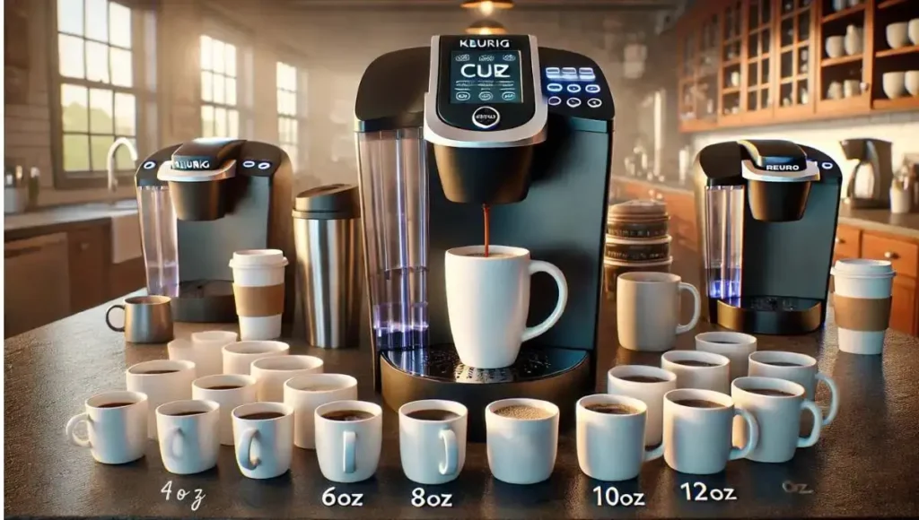 "Multiple cups with different coffee amounts, showing various cup sizes on a Keurig coffee maker."
