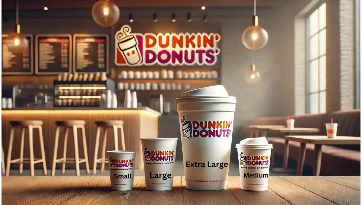 A display of various Dunkin’ Donuts cup sizes, showcasing what are the cup sizes at Dunkin Donuts for every preference