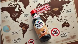 Map showing countries where Coffee Mate is banned, with a red 'Banned' stamp on the product."