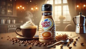 Where Is the Use By Date on Coffee Mate creamer, with the expiration date clearly visible on the label, alongside a warm coffee cup and coffee beans