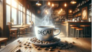 A cozy café setting with a steaming cup of decaf coffee, showcasing why do people drink decaf coffee for flavor without caffeine.