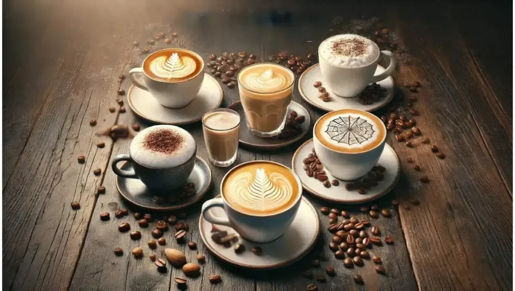 Different coffee varieties like latte and macchiato displayed with coffee beans, reflecting the question 'Does a cappuccino have caffeine?