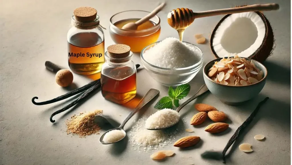 Various ingredients including maple syrup, sugar, honey, and almonds with vanilla pods, exploring if vanilla bean has caffeine content