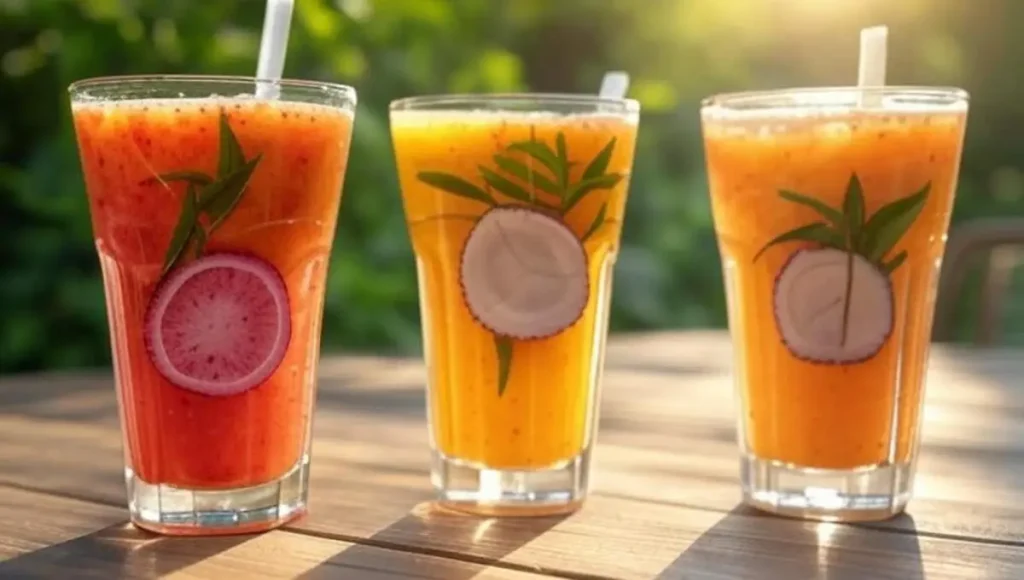 Healthy alternatives to Dunkin Refreshers with colorful fruit drinks, offering a refreshing choice without caffeine