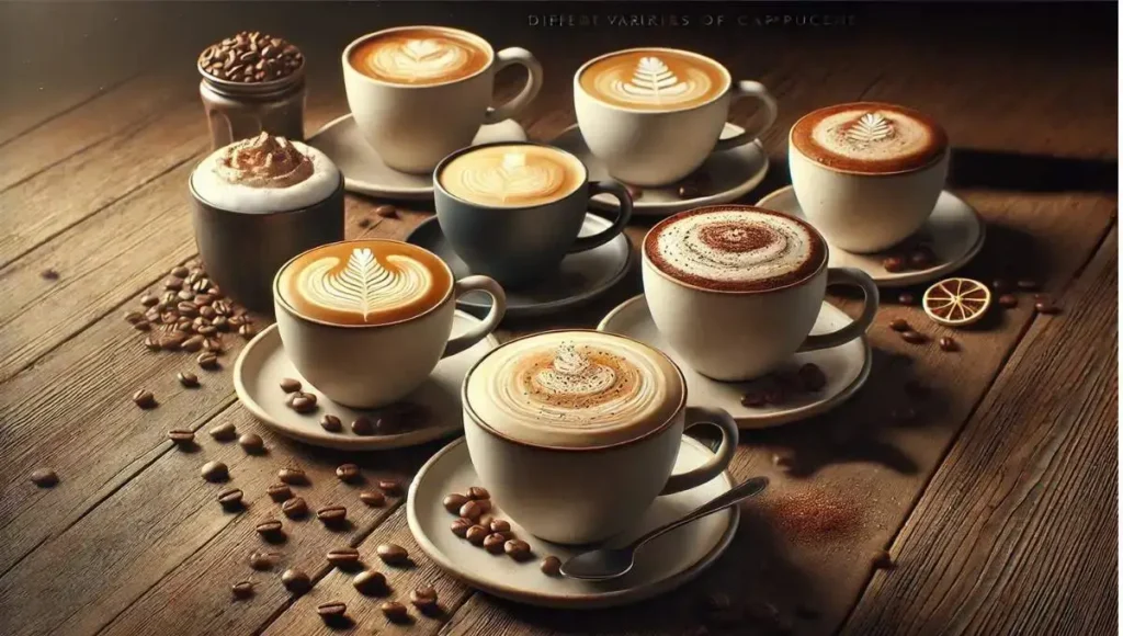 Various types of cappuccino cups with latte art, illustrating the different styles while exploring 'Does a cappuccino have caffeine?