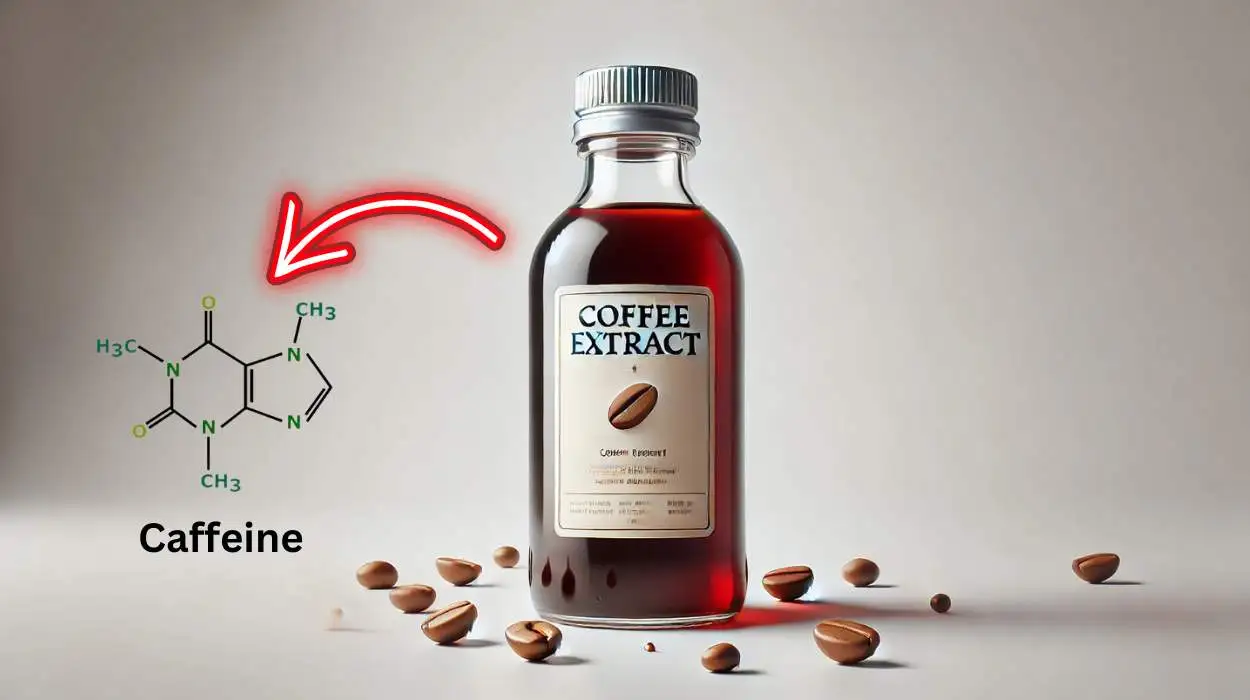 A bottle of coffee extract with beans, visually showing the question 'does coffee extract have caffeine' for coffee lovers