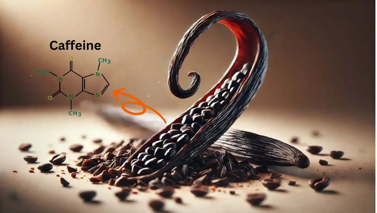 A close-up of vanilla pods with coffee beans, showing the structure and a caffeine molecule, asking 'Does Vanilla Bean Have Caffeine'.