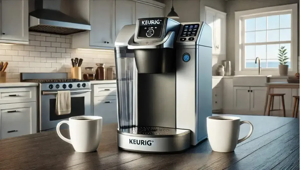 A Keurig coffee maker with cups beside it, showing the different cup sizes on a Keurig coffee maker.
