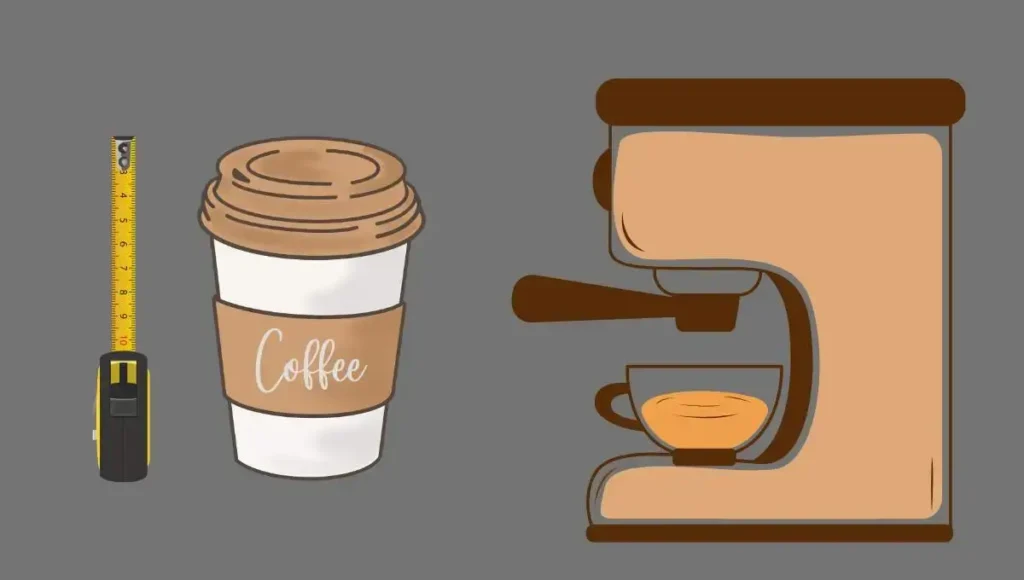 An illustration of a coffee cup, measuring tape, and coffee machine showing Keurig cup sizes.
