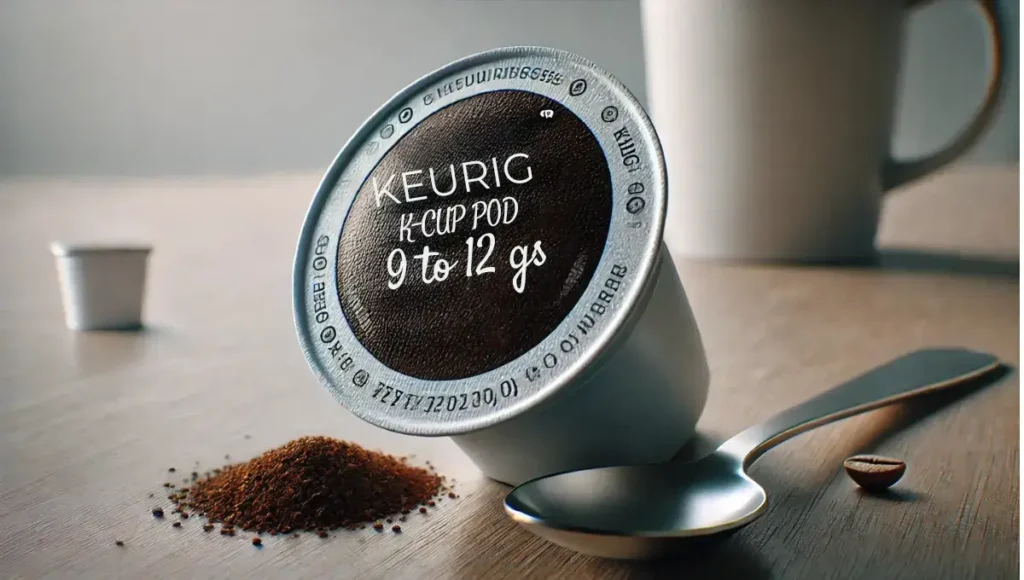 Close-up of a Keurig K-cup pod with ground coffee, demonstrating cup sizes on a Keurig coffee maker.