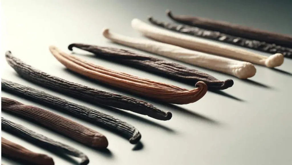 A variety of vanilla bean pods, showcasing different variants, related to the question of caffeine content in vanilla beans.