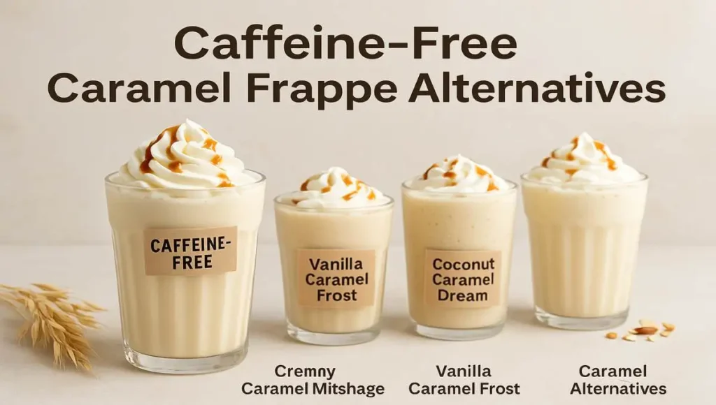 Four tasty caffeine-free caramel drinks labeled as alternatives, helpful for does caramel frappe have caffeine concerns.