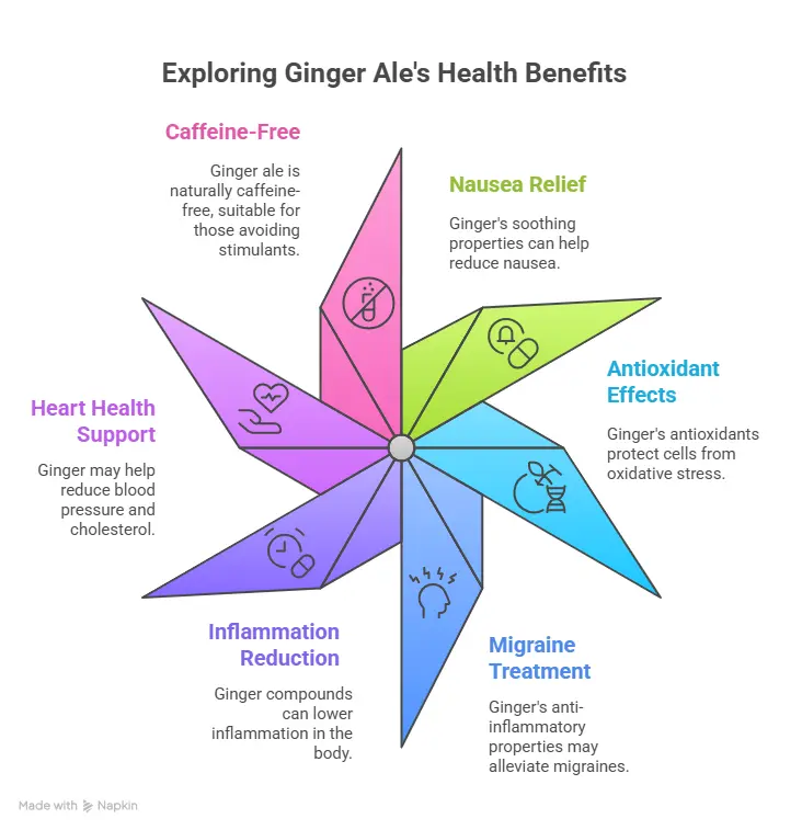 Infographic highlighting potential health benefits of ginger ale, noting it's caffeine-free. Does ginger ale have caffeine? This suggests no