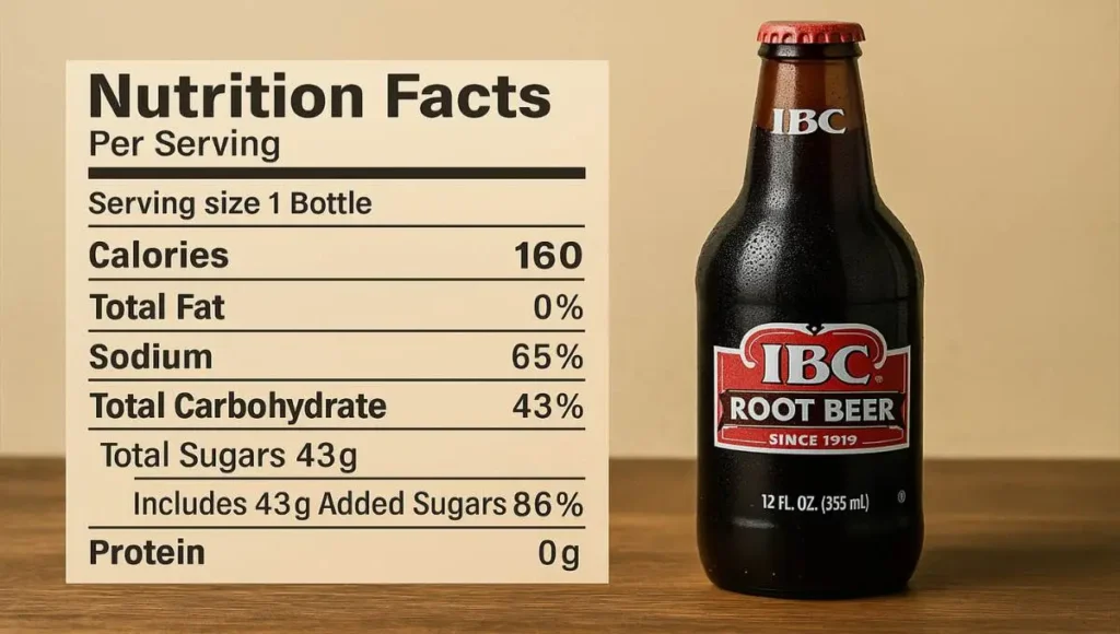 IBC Root Beer bottle beside a nutrition facts label showing it’s caffeine-free, answering does IBC root beer have caffeine.
