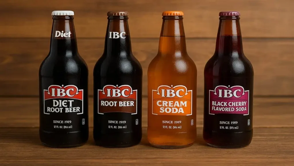 Lineup of IBC sodas including cream soda and diet root beer, helping explore does IBC root beer have caffeine.