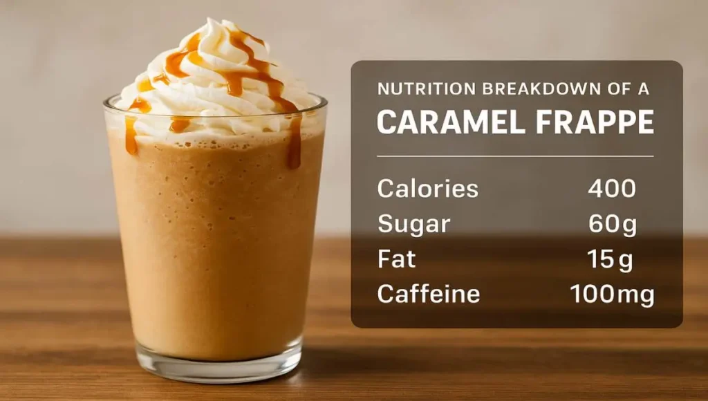 Caramel frappe glass with nutrition facts displayed, visually answering does caramel frappe have caffeine and other details.