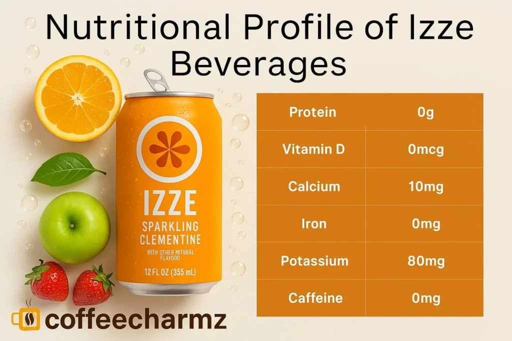 Does Izze Have Caffeine: Nutritional facts for Izze Sparkling Clementine, showing 0mg caffeine, next to an orange.