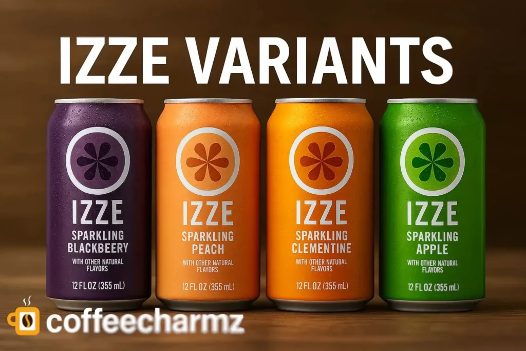 Does Izze Have Caffeine: Four Izze sparkling beverage cans: Blackberry, Peach, Clementine, and Apple.