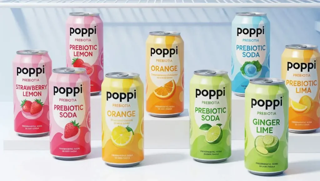 Various Poppi Soda flavors in cans: Strawberry, Orange, Lime, and more. Does Poppi Have Caffeine? No, it’s caffeine-free.

