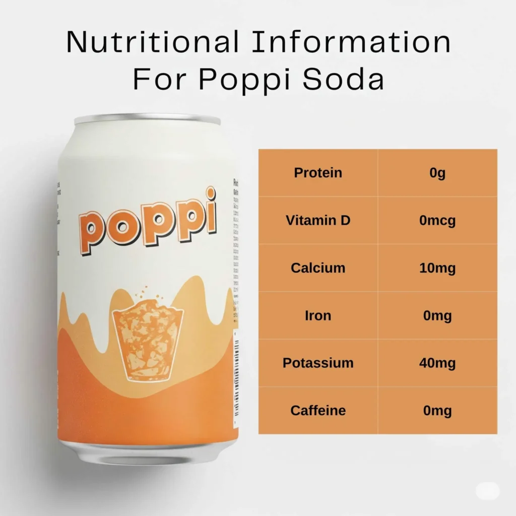 "Nutritional info for Poppi Soda showing zero caffeine, vitamins, and minerals. Does Poppi Have Caffeine? No."