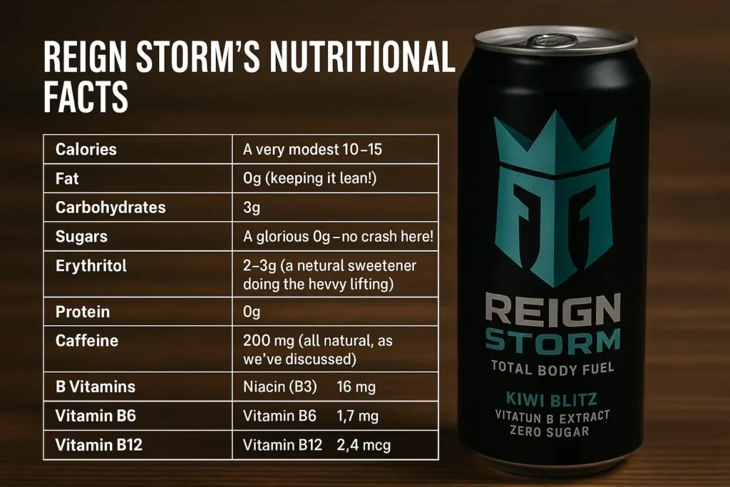 "Table showing how much caffeine is in a Reign Storm energy drink along with its vitamins, calories, and sugar-free stats."