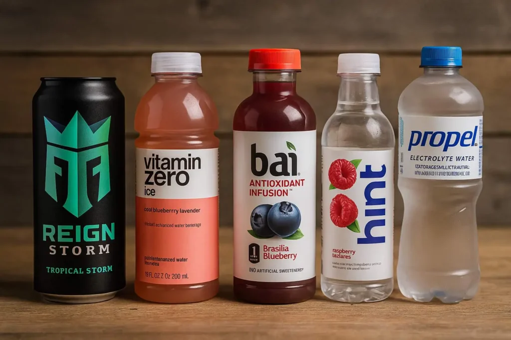 "Visual comparison of caffeine-free alternatives to Reign Storm energy drink like Bai, Vitamin Water, Hint, and Propel."