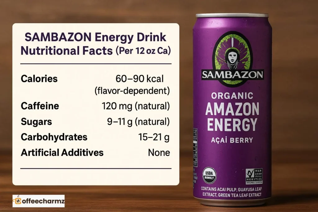 Nutritional label display highlights how much caffeine is in SAMBAZON Energy Drink and its calorie and sugar content.
