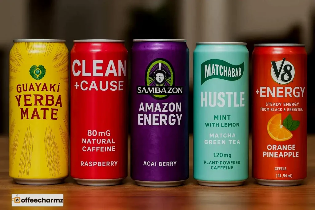 Cans of SAMBAZON and alternatives shown to compare how much caffeine is in SAMBAZON Energy Drink and similar options.
