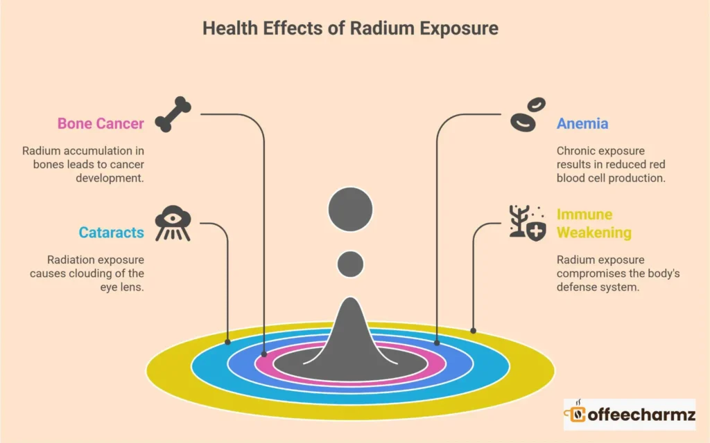 Health effects of Radium Energy Drink exposure, including bone cancer, anemia, cataracts, and immune weakening
