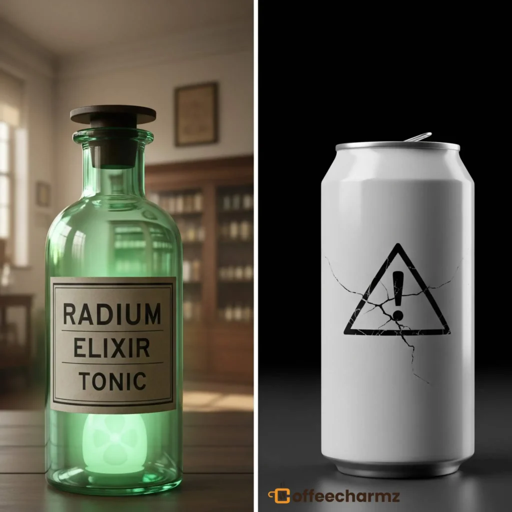 "Radium Energy Drink in a green bottle and a warning sign on a cracked can, highlighting health risks."